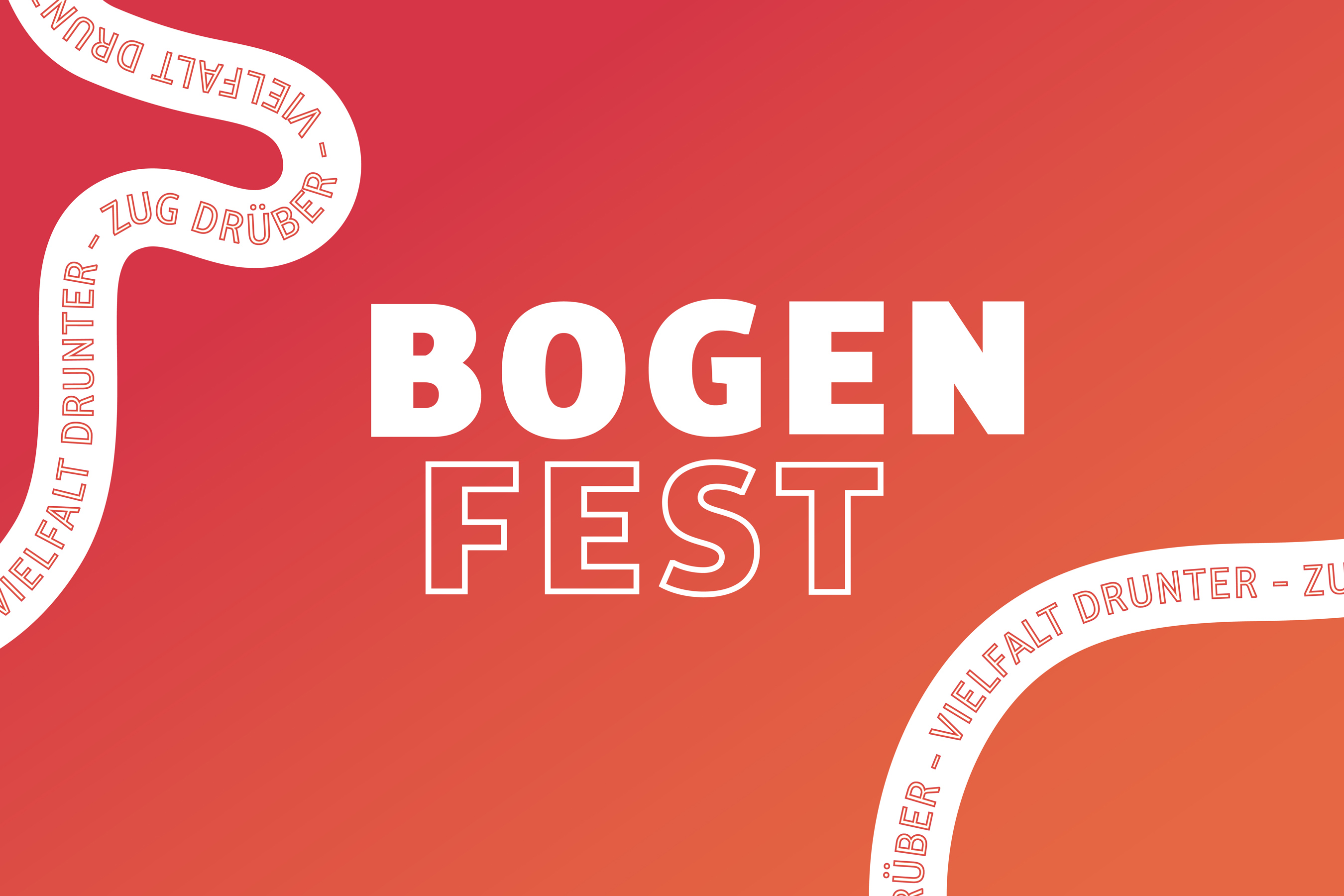 Logo des Bogenfests mit geschwungener Textschleife und dem Motto: Vielfalt drunter – Zug drüber